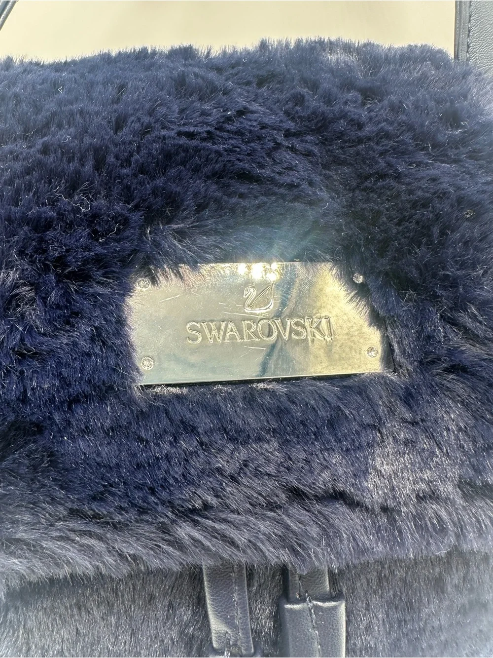 Swarovski Black Faux Fur Mini Backpack with Logo Plate